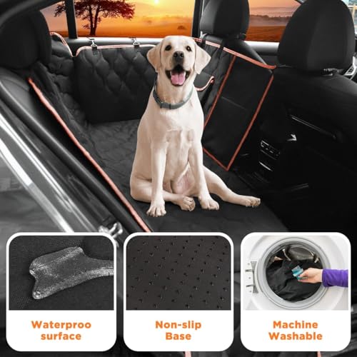 Waterproof Dog Car Seat Cover for Back Seat (Black With Orange Trim)