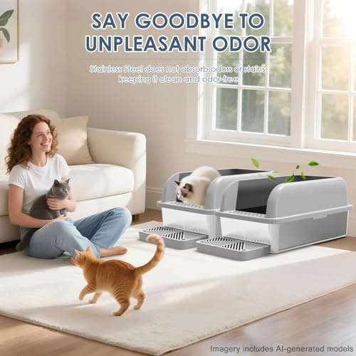 2 Pack XL Enclosed Stainless Steel Cat Litter Box for Multi (2PK Light Grey / Large)