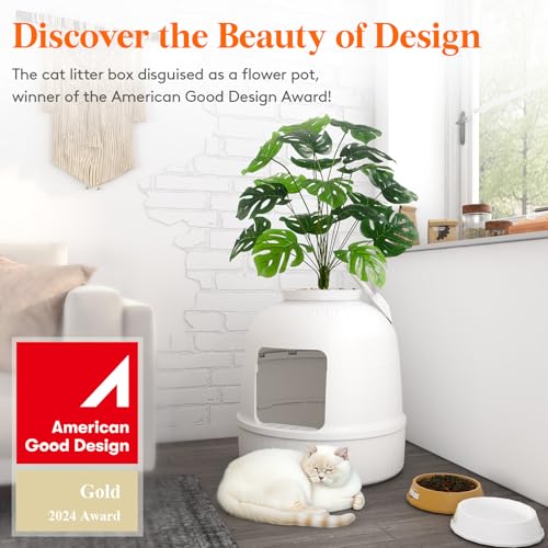 Hidden Plant Cat Litter Box with Plastic Scoop (White)