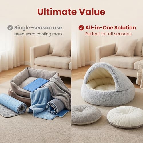 2-in-1 Convertible Cat & Dog Bed Cave with Removable Zipper Hood, Converts to Calming Donut Bed, Reversible Plush & Cooling Ice Silk Cushion (Grey, 19.7 in Small Size) (Grey / 19.7 in Small Size)