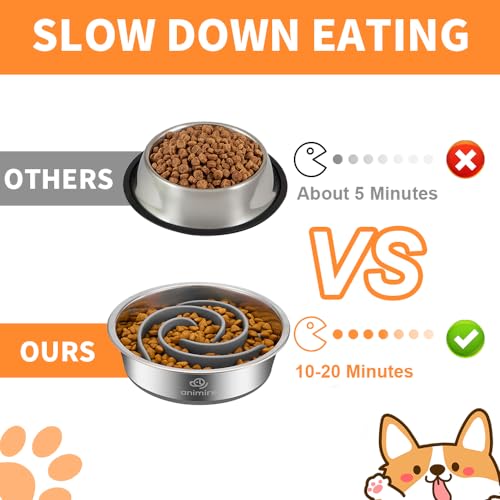 2-in-1 Metal Dog Bowl with Slow Feeder Insert, Stainless Steel Dog Bowls Food Grade 304, Water Food Bowl with Anti-Slip Silicone Base for Small, Medium, Large Breed Dogs (1 Cup / Grey)