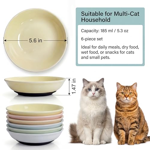Ceramic Cat Food Bowls 6 Pack (Solid - Pads Attached)