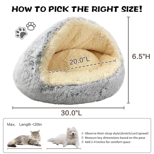 Round Plush Fluffy Hooded Cat Bed Cave (30.0"L x 30.0"W x 6.5"Th / grey)
