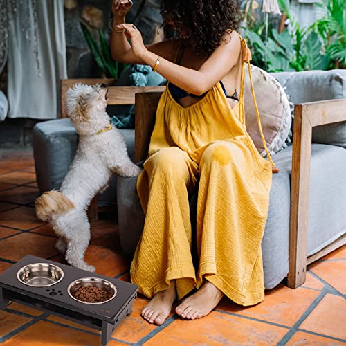 Elevated Dog Bowl Stand with 2 Stainless Steel Bowls (small-4“tall,21 Oz bowl / Black)