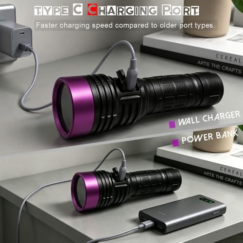 UV Black Light 365 nm Rechargeable Flashlight with Filter for Pet Urine (Black and Purple)
