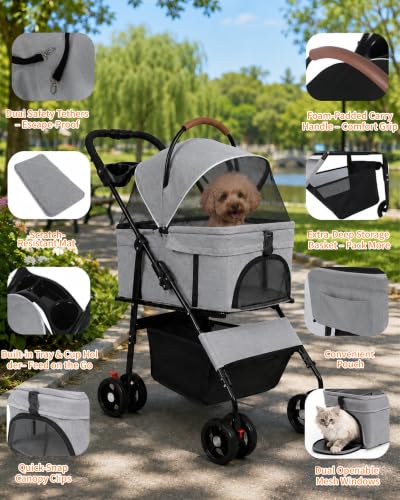 Pet Stroller 3 in1 Foldable Dog Cat Stroller with Detachable Carrier (GRAY)