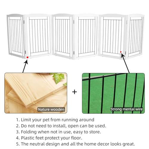Freestanding Foldable Dog Gate Wooden Extra Wide White Puppy Gate 6 Panels Tall Pet Gates for The House Dog Fence (White / 【6 Panels】120''w x 32''h)