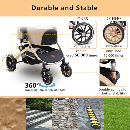 Dog Stroller with Removable Carrier Foldable Pet Stroller (Khaki)