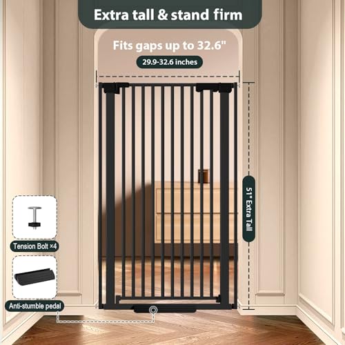 51'' Extra Tall Cat Gate Barrier for Doorways Hallways (Black-51"tall / 30''-32.6''Wide)