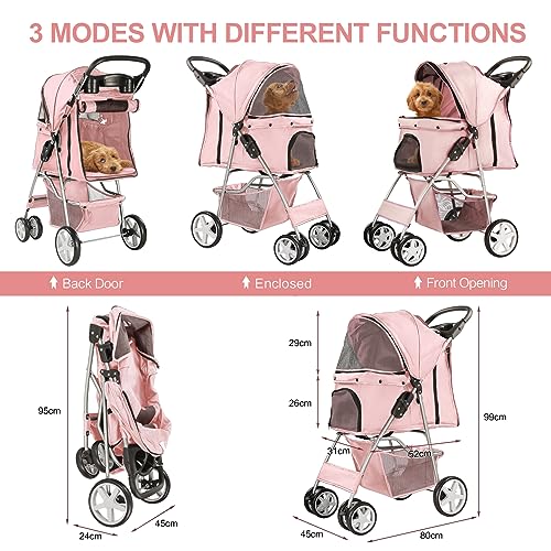 4 Wheel Pet Stroller for Small Dogs and Cats (Light Pink)