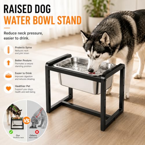 Adjustable Height Elevated Large Dog Water Bowls with Stainless Steel Bowls and Metal Stand (2.4GLLON)