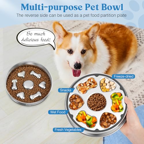 2Pcs Slow Feeder Dog Bowls (5 Cups / Silver/2 Pack)