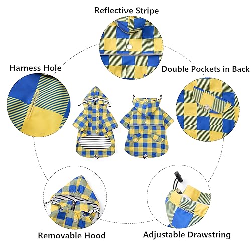 Dog rain Coat Waterproof Raincoat Puppy Jacket with Legs Buttons Zipper Hood Drawstring Fit for Yorkie Terrier Schnauzer Poodle Border Collie Labrador Golden Retriever 8lbs to 80lbs Yellow M (Medium / Yellow Plaid)