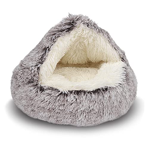 Cat Bed Round Plush Fluffy Hooded Cat Bed Cave (23.0"L x 23.0"W x 6.0"Th / coffee)