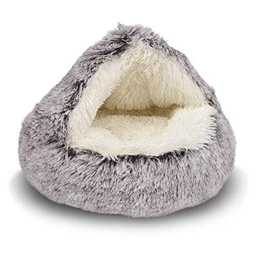 Round Plush Fluffy Hooded Cat Bed Cave (26.0"L x 26.0"W x 6.5"Th / khaki)