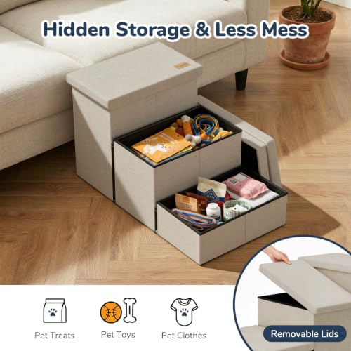 3 Step Wide Dog Stairs with Hidden Storage 18" H (Beige / 30"D x 17"W x 17.7"H)