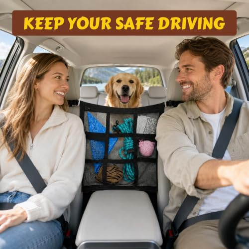 Dog Car Barrier Divider Net with 3 Zipper Storage Bags and Seat Belt