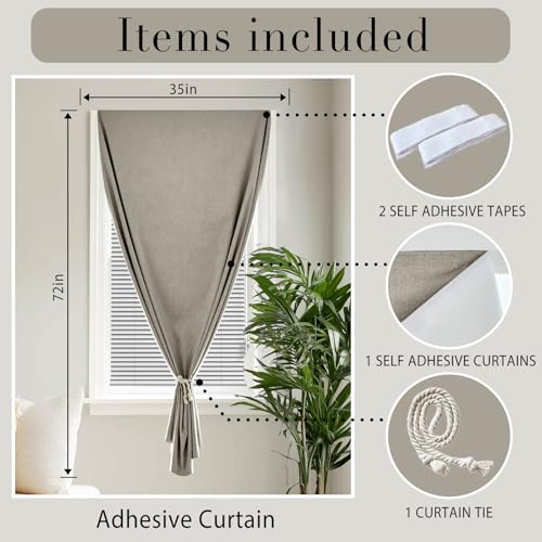 100% Blackout Self Adhesive Curtains Portable Curtain Simple and Easy to install Bedroom Window Thermal Lnsulated Kitchen Room Darkening Black Small Drapes (34"W x 72"L (Pack of 1) / Light Brown)