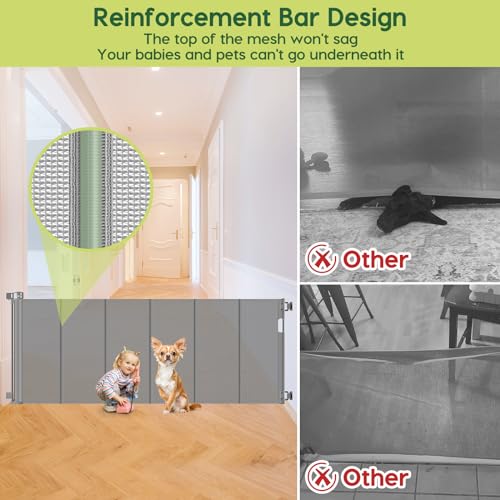 Reinforced 80 Inch Extra Wide Retractable Dog Gate to Prevent Crawling Through (Gray / 33" Tall x 80" Wide（ With Reinforced Bar ）)