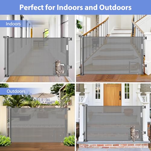 Retractable Dog Gate with Cat Door 55" Wide Retractable Pet Gate with Cat Door Mesh Dog Gate Retractable Baby Gates for Doorway Retractable Puppy Gate for The House Retractable Outdoor Gate for Deck (Gray / 33" X 55"（With Cat Door ）)
