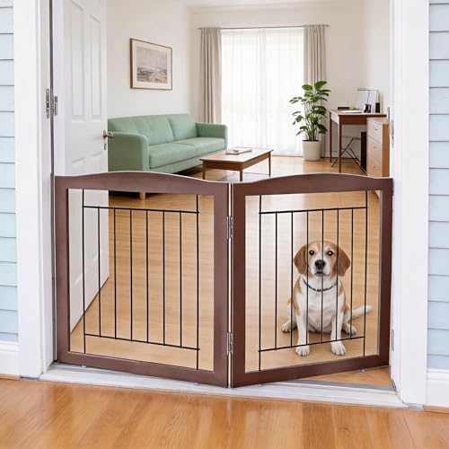 Freestanding Foldable Dog Gate for House Extra Wide Wooden Indoor Puppy Gate Stairs Doorways Pet Gate Tall Dog Fence 2 Panels Fence Brown (Brown / 【2 Panels】40''w x 24''h)