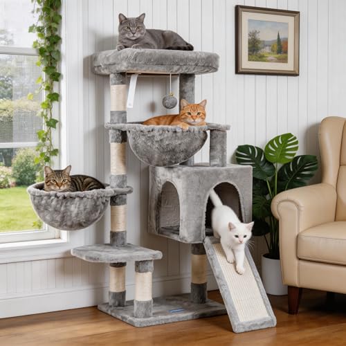 Cat Tree Tower with Large Bed (35.4 inch / Light Gray)