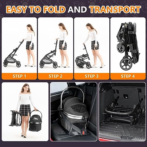 3-in-1 Pet Stroller for Small Medium Dogs Puppy Cat Stroller with Detachable Carrier & Pad Lightweight Foldable Aluminum Alloy Frame Dual No-Zip Entry(Black) (Black)