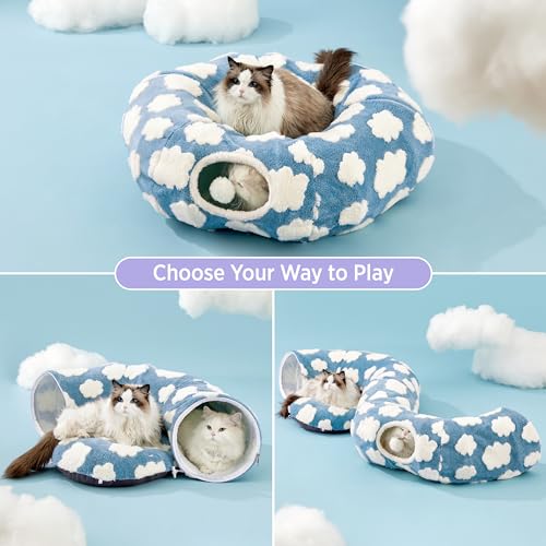 Lesure Donut Cute Jacquard Cat Tunnel Bed Kitten Toys for Puppy Bunny (Standard (33.5"L x 33.5"W x 10"H) / Cozy Clouds Blue)