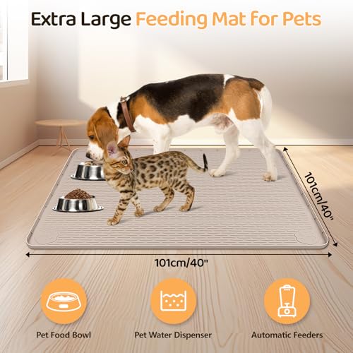Dog Food Mat 40''x40'' Extra Large Dog Mat for Food and Water (40"L x 40"W / Khaki)