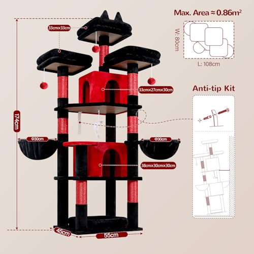 Big XL Gothic Cat Tower for Indoor Multiple Cats (Black Red / 68 inch)