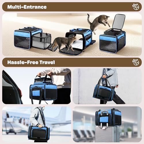 Top and 2 Sides Expandable Pet Carrier 17x11x9.5 TSA Airline Approved (Blue / 17.0"L x 11.0"W x 9.5"H)