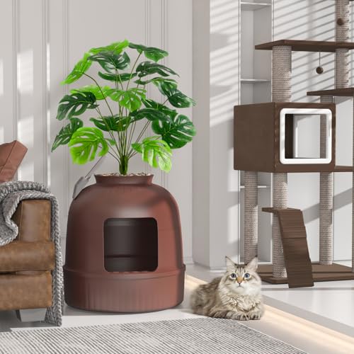 Hidden Plant Cat Litter Box with Plastic Scoop (Brown)