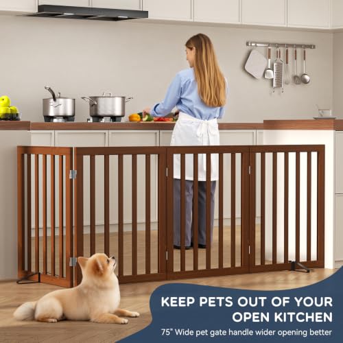 Freestanding Dog Gate Indoor (Walnut / 75”Wx24”H, 4 Panles)