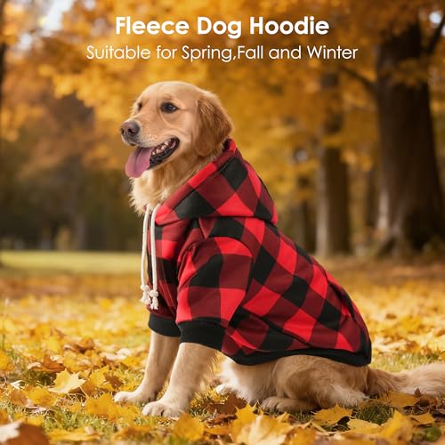 Dog Basic Hoodie Soft Dog Clothes Cold Weather Sweaters for Medium Large Dogs Cozy Fabric Warm Sweatshirt with Leash Hole for Boys (Red Plaid / S(Back: 12.6",Chest:18.11", 5-10 lbs))
