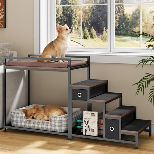 Dog Cat Window Perch with Stairs and Seat Cushion (Brown)