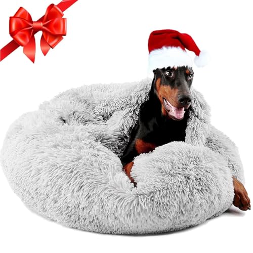 Covered Large Dog Bed with Blanket Attached Calming Burrow Light Grey (35.0"L x 35.0"W x 10.0"Th / Light Grey)
