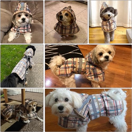 Dog Raincoat Hooded Slicker Poncho with Leash Hole (XS:5-10lbs / Plaid beige)