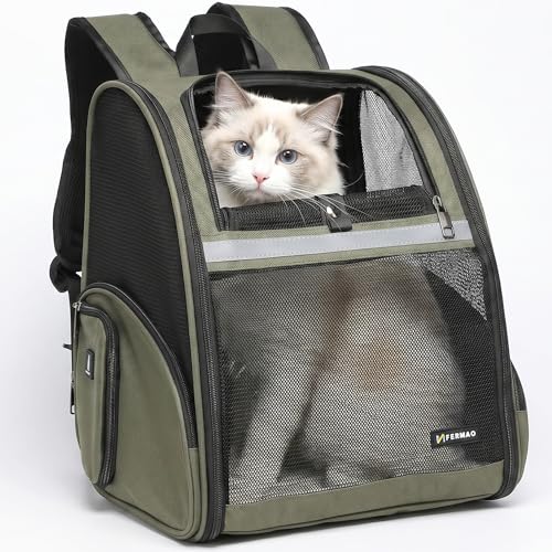 Cat Backpack Carrier for Small Dogs and Medium cat Puppy Kitten Bunny Pet Carrier Backpack Collapsible with Fully Ventilated Mesh with Safety Leash (DarkGreen / 12.9"L x 10.62"W x 15.5"H)