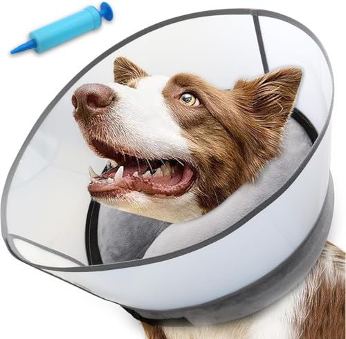 Upgraded Inflatable Dog Cone Collar with Transparent Anti (L (Neck: 15-18") / Grey)