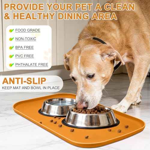 Waterproof Silicone Pet Food Mat with Raised Edge for Dog & Cat (Orange / 24"L x 16"W)
