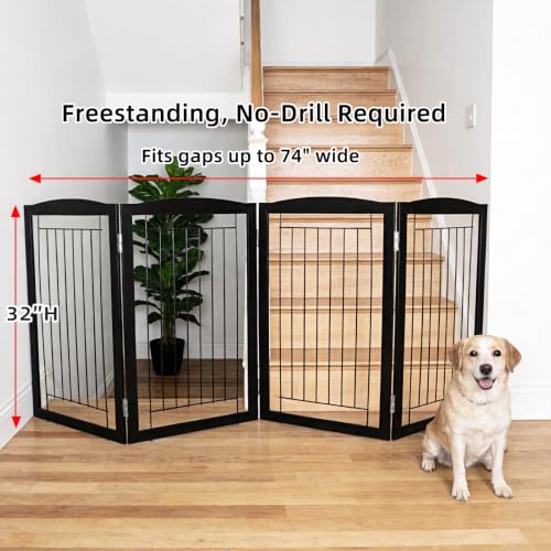 Freestanding Foldable Dog Gate for House Extra Wide Wooden Black Indoor Puppy Gate Stairs Dog Gates Doorways Tall Pet Gate 4 Panels Fence (Black / 【4 Panels】80''w x 32''h)