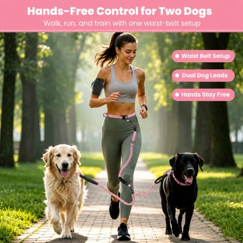 Hands Free Double Dog Leash (Pink)