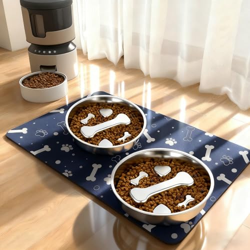 Stainless Steel Slow Feeder Dog Bowls with Pet Feeding Mat