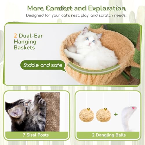 74in Cactus Heavy Duty Cat Tree Tower for Indoor Large Cats (Cactus Green / 74inch)
