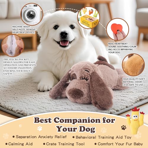 Heartbeat Puppy Toy Dog Anxiety Relief Calming Aid Heartbeat Stuffed Animal Behavioral Training and Sleep Aid Comfort Dog Toy Crate Training Heartbeat Dog Toy for Small Medium Large Dogs (Brown-D)