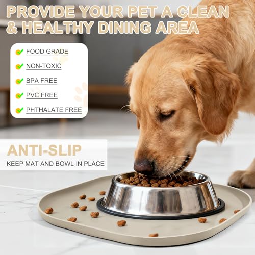 Waterproof Silicone Pet Food Mat with Raised Edge for Dog & Cat (Beige / 12"L x 12"W)