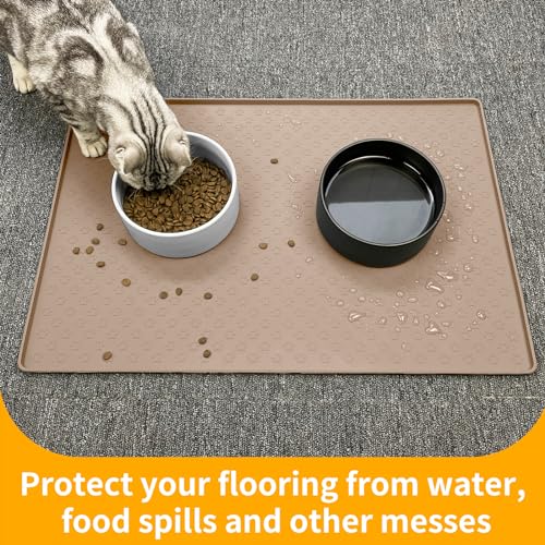 Silicone Dog Food Mat Waterproof Pet Feeding Mat with High (18"L x 12"W / Taupe)