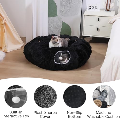 Plush Cat Tunnel Bed for Indoor Cats with Soft Cushion (Black)