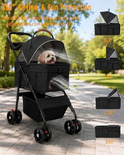 Pet Stroller 3 in1 Foldable Dog Cat Stroller with Detachable Carrier (BLACK)