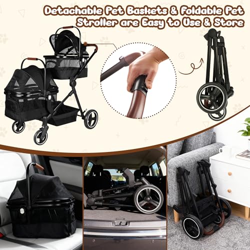 Foldable Double Pet Stroller for 2 Small Medium Cats Dogs (Black / Double)
